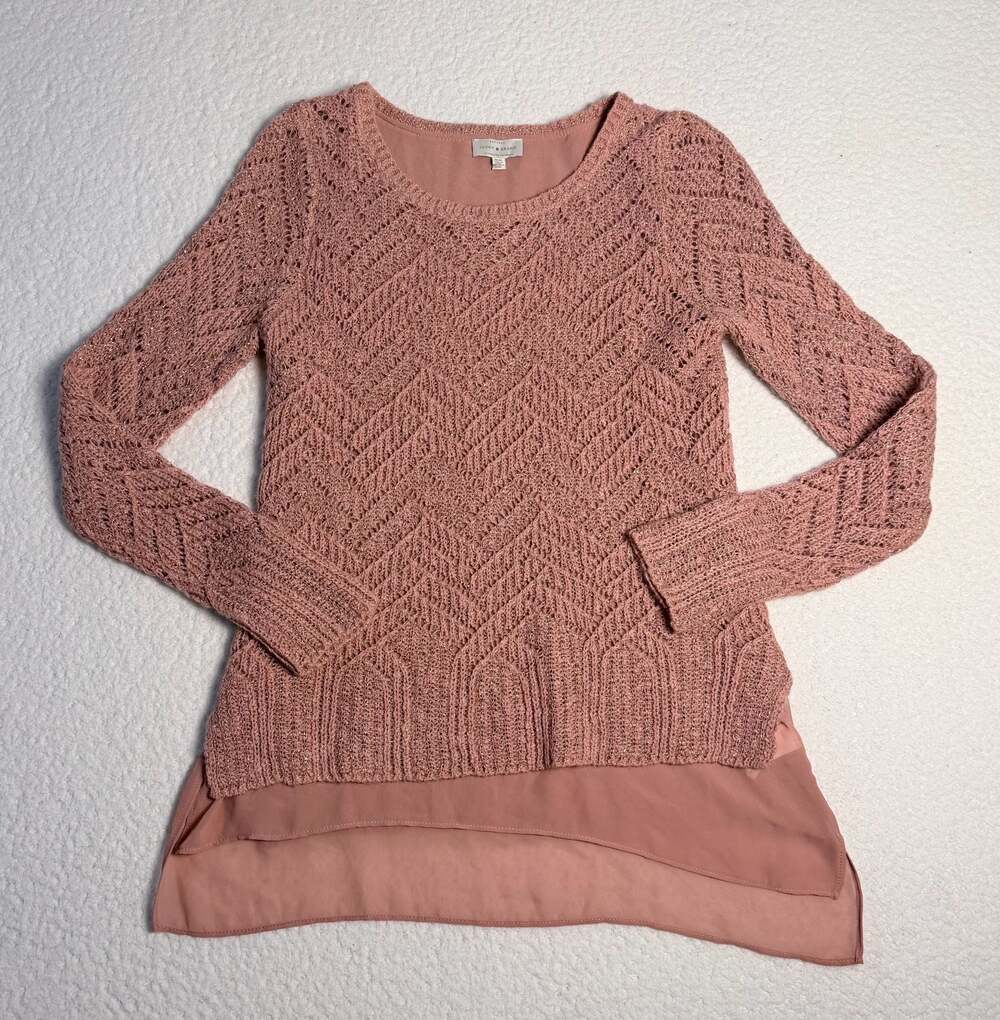Lucky Brand Pink Chevron Open Knit Layered Hem Sweater Size Medium
